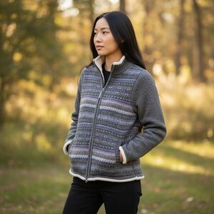 L.L. Bean womans M Lambswool Sherpa Lined Full Zip Sweater Jacket Fair Isle Grey